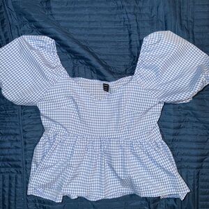 SHEIN Light Blue Gingham Puff Sleeve Blouse